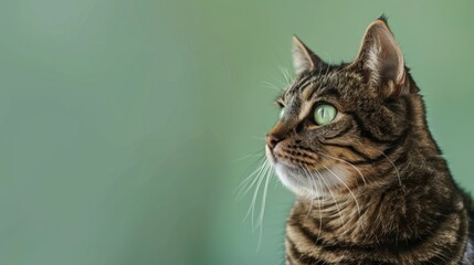 Striped fur cat with striking green eyes on soft green background
