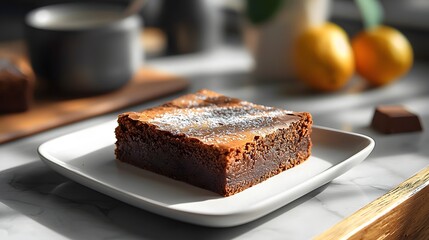 Minimalist and Elegant Chocolate Brownie on a Clean White Plate with Soft Shadows and Rich Texture  The delicious dessert is presented in a simple and sophisticated composition