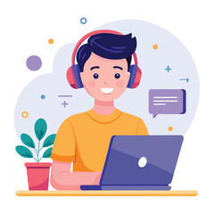 man in headphones, studying at laptop. Happy female student watching business webinar. Video conference call, remote work communication. Flat vector illustration isolated on white background
