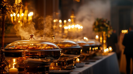 Elegant buffet setup with steaming dishes, warm lighting, and classic decor for a sophisticated event or celebration. 