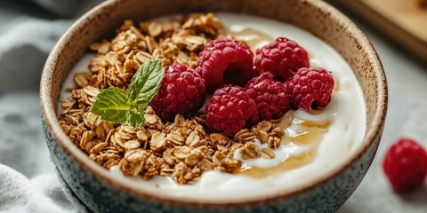Fototapeta premium Healthy yogurt parfait with raspberries, honey and crunchy granola in a bowl.
