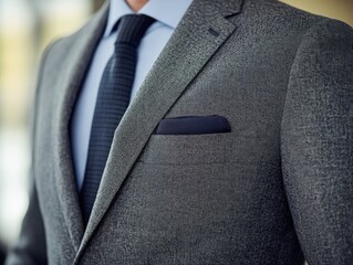 Elegant tailored suit, lapel pin stripes, blue tie, formal wear, menswear fashion, business attire.