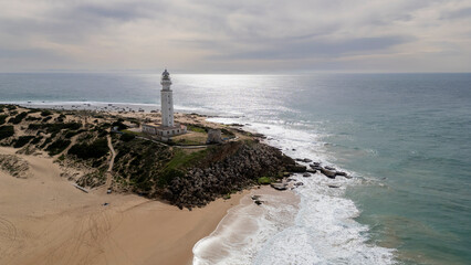vista aérea en el tómbolo de Trafalgar en Barbate, Andalucía