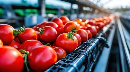Bright red ripe tomatoes line the conveyor belt, emphasizing freshness and quality in food processing, celebrating the essence of farm-to-table experiences for consumers.