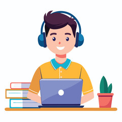 man in headphones, studying at laptop. Happy female student watching business webinar. Video conference call, remote work communication. Flat vector illustration isolated on white background