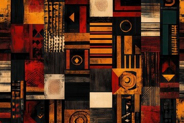 african textile-inspired digital pattern with adinkra symbols, rich earth tones, geometric shapes, cultural motifs in modern abstract arrangement