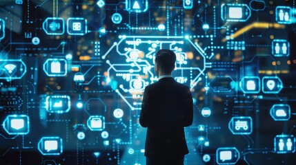 Businessman in network technologies setting, surrounded by digital icons and interfaces.