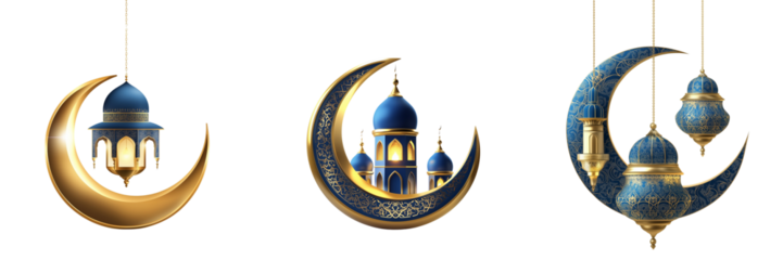 Set of a Ramadan Kareem icon with moons and lantern decoration, isolated on transparent background.