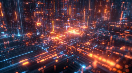 Naklejka premium A computer generated image of a cityscape with bright orange and blue lights