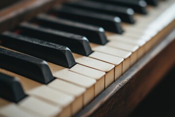 Close-up of piano keys shows age and character of a musical instrument ready to be played.