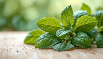 Close-up fresh green leaves on wood