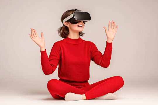 A person wearing VR glasses, seated with an expression of wonder as if exploring a new virtual environment, on plain background