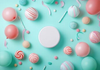Colorful Celebration Setup with Party Decorations, Pastel Balloons, Candy, and Confetti for a Fun Festive Event on a Bright Background