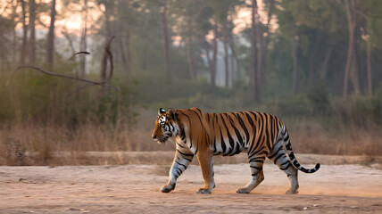 Fototapeta premium AI generative photo of a male great tiger walking through a nature habitat during the golden light time. The tiger is in a dry area with a warm summer in India.
