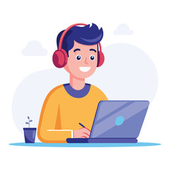 man in headphones, studying at laptop. Happy female student watching business webinar. Video conference call, remote work communication. Flat vector illustration isolated on white background