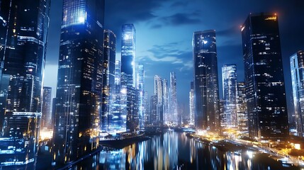 Obraz premium Futuristic Urban Skyline with Luminous Skyscrapers and Reflections at Night in a Modern Cityscape