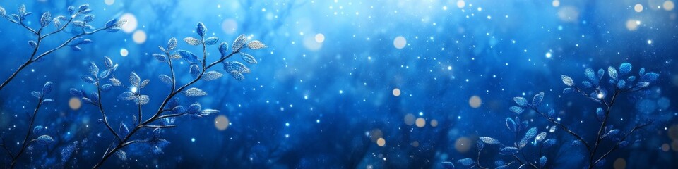 Naklejka premium Blue Winter Wonderland Magical Frozen Forest with Glowing Snowflakes and Bokeh Lights
