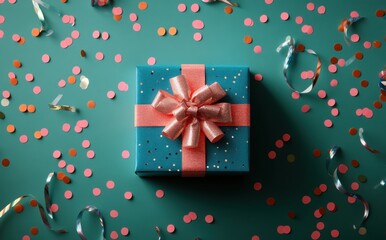 Obraz premium Colorful Gift Box with Ribbon and Bows Surrounded by Confetti on a Bright Teal Surface for Celebration and Festive Occasions