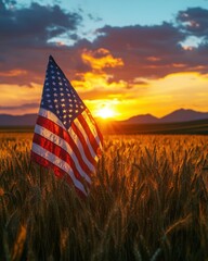 American flag waving proudly in a golden wheat field at sunset patriotic symbol of freedom and independence