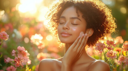 Fototapeta premium woman enjoying skincare routine surrounded by blooming flowers in sunlight