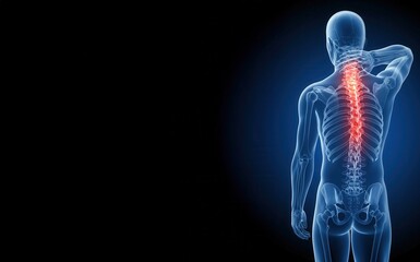 3D illustration of  upper back pain. skeleton x-ray with copy space banner background.
