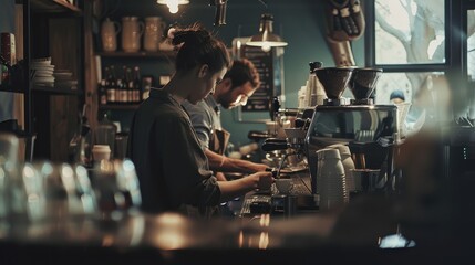 Two baristas skillfully prepare coffee using a machine in soft lighting
