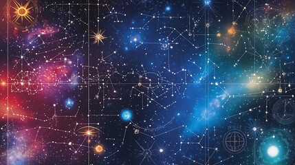 Obraz premium Cosmic Star Map with Constellations and Colorful Galactic Background in Deep Space Framework