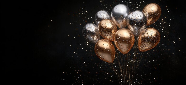 Colorful metallic balloons with confetti on a dark background perfect for celebrations, parties, and festive events filled with joy and excitement.