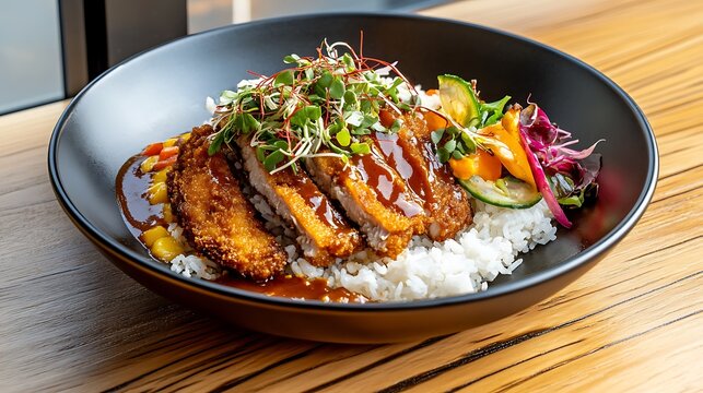 Crispy Chicken Cutlet with Rice and Colorful Vegetable Salad Served in Elegant Black Bowl