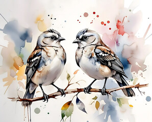 Watercolor Painting of Two Birds on a Branch