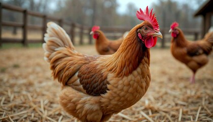 Fototapeta premium Brown Chicken with Red Crest in Barn Setting