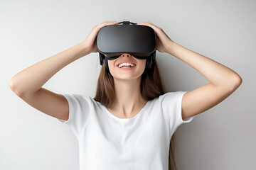 A tech enthusiast wearing VR glasses, adjusting the straps with anticipation before a gaming session, on plain background