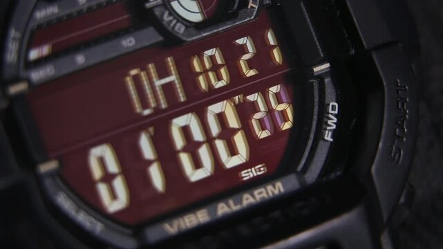 LCD display of a tough sports watch with running timer and stopwatch 
