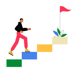 Man Climbing Career Growth Steps In Flat Vector Illustration Symbolizing Success, Professional Development, And Ambition, Isolated On White Background