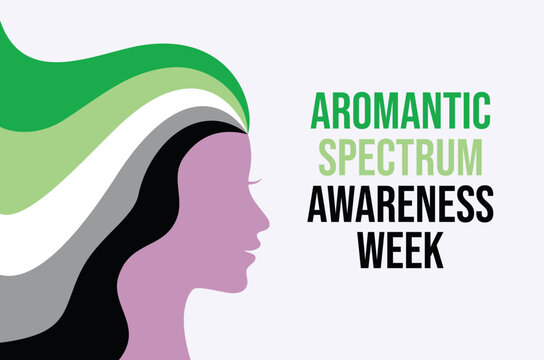 Aromantic Spectrum Awareness Week poster vector illustration. Female head in profile with long rainbow hair icon. LGBT aromantic pride flag symbol. Template for background, banner, card