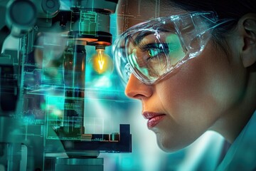 A female scientist intently examines a lightbulb under a microscope, technological data overlaid.