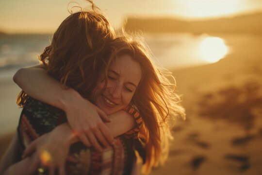 Two women sharing a joyful and intimate moment on the golden hour beach