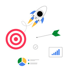 Obraz premium Rocket Launching Towards Target In Flat Vector Illustration Symbolizing Business Success, Goal Achievement, And Startup Growth, Isolated On White Background