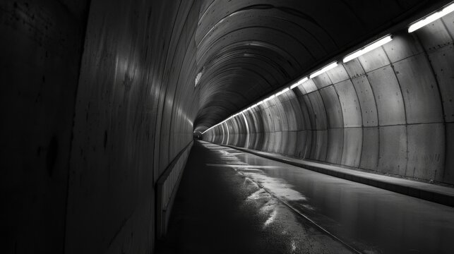 "Underground passageway illuminated by dynamic lighting lines for depth and perspective"