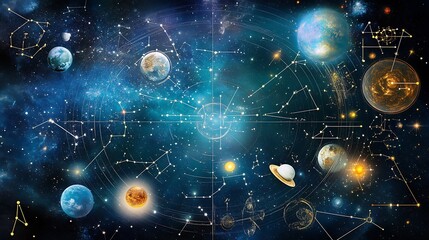 Fototapeta premium Cosmic Wonders with Celestial Bodies, Constellations and Starry Background in an Artistic Space Scene