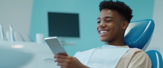 Happy teenage boy enjoying his dental appointment while looking at his teeth in a modern dental office