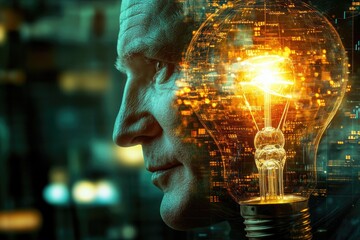 A man's face merges with a glowing lightbulb, symbolizing innovative ideas and technological breakthroughs.