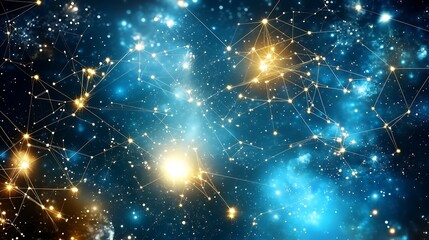 Obraz premium Stunning Cosmic Background with Bright Stars and Nebulae in Blue and Gold Hues Capturing Celestial Beauty