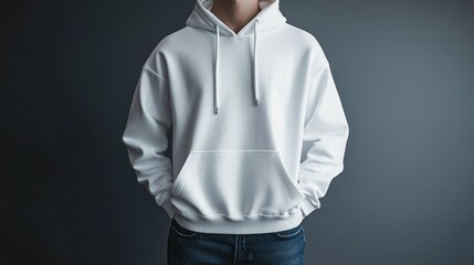 Young person wearing a plain white hoodie standing against a dark background, showcasing casual style