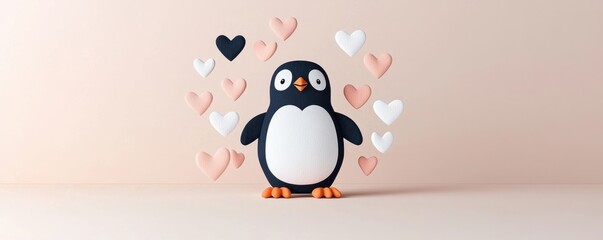 Obraz premium Chubby penguin with heart playful scene cute animal display whimsical background adorable concept