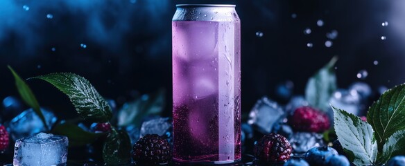 Refreshing blueberry energy drink can surrounded by ice and berries in a striking display