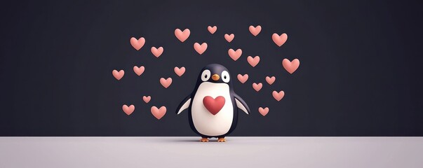 Obraz premium Cute animal heart chubby penguin surrounded by love arctic wonderland digital art playful atmosphere whimsical perspective