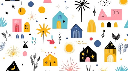 Colorful Abstract Houses and Plants Pattern with Vibrant Shapes and Textures for Creative Projects