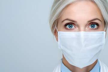 Close-up face of female doctor wearing surgical mask and cap