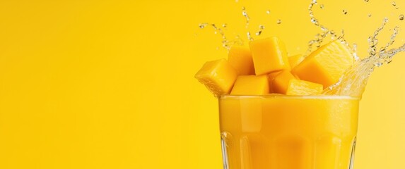 Refreshing mango juice with vibrant mango cubes splashing against a bright yellow backdrop